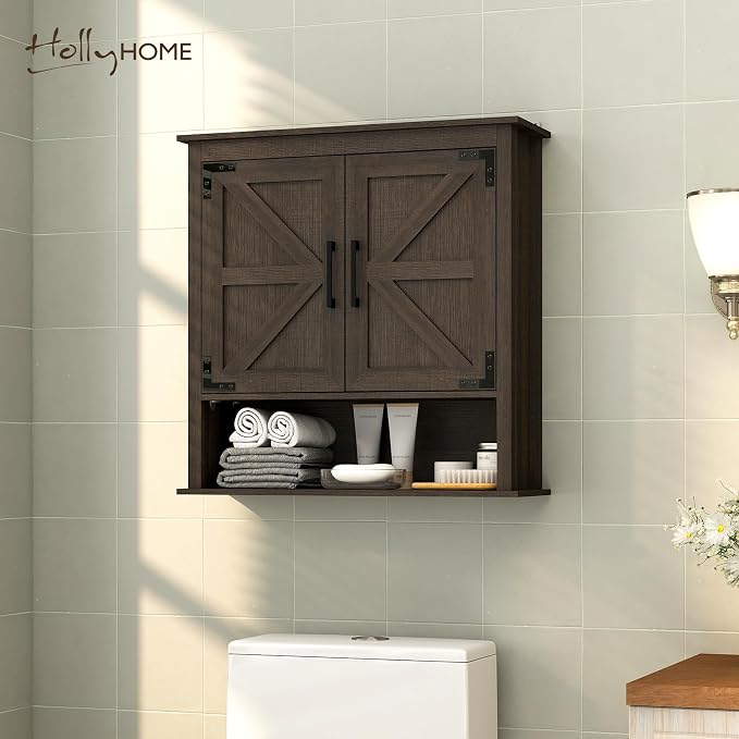 HollyHOME Bathroom Wall Cabinet, Farmhouse Barn Door Wood Medicine Cabinet - Image 2