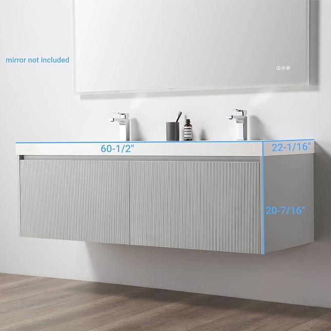 Blossom 60 Inch Double Sink Bathroom Vanity, All Wood Wall Mounted Floating - Image 3