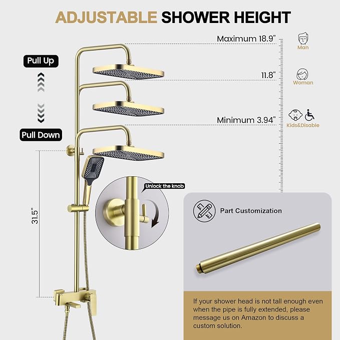 Shower Systems with 12 x8 Inches Rain Shower Head, Brushed Gold Exposed Pipe - Image 5