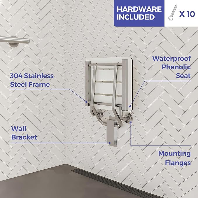 18" x 16" ADA Compliant Phenolic White Folding Shower Seat Bench, Wall Mount - Image 4