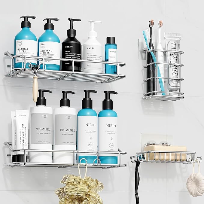Nieifi Shower Caddy Shelf with Hooks Storage Rack Organizer Adhesive Stainless - Image 2