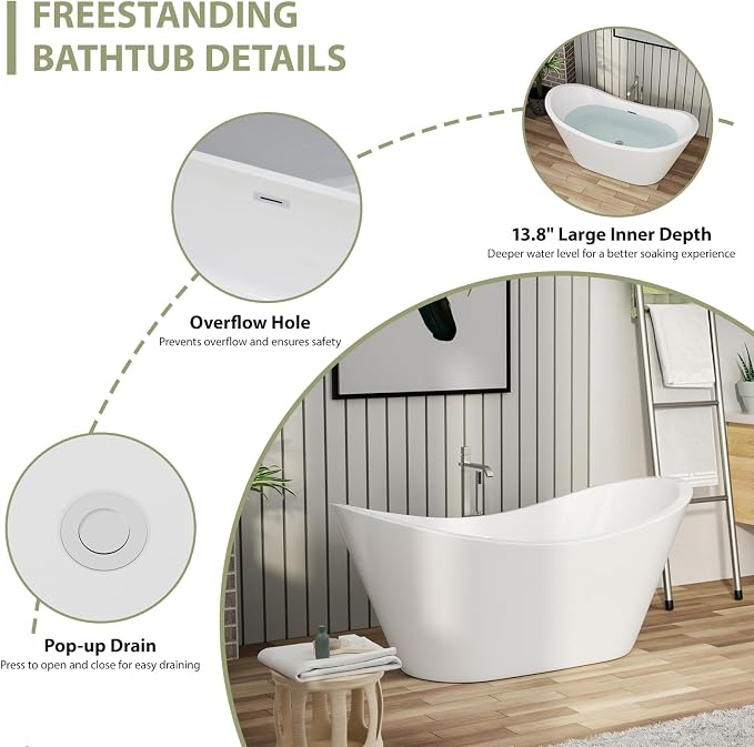 59 Inch Acrylic Freestanding Soaking Bathtub - Image 6