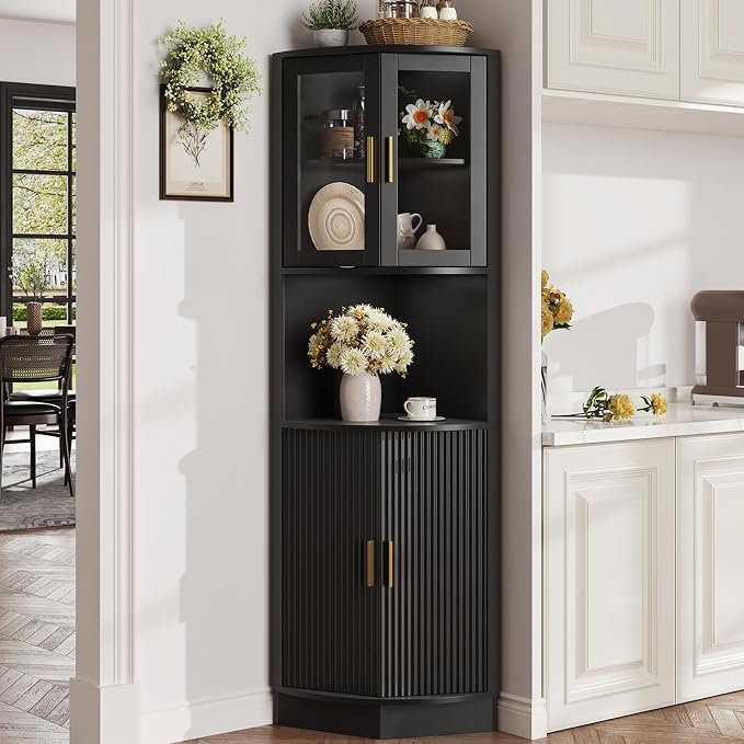 64.9" Tall Corner Cabinet, Modern Fluted Storage Cabinet by FiveWillowise