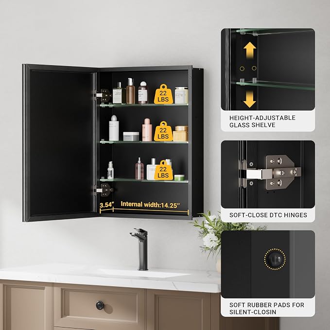 16x26 Pre-Assembled Black Medicine Cabinet - Image 7