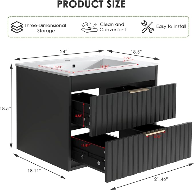 24" Bathroom Vanity with Sink, Floating Bathroom Vanity with 2 Fluted Drawers & - Image 2
