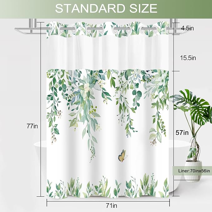 No Hook Shower Curtain and Liner Set, Light Green Eucalyptus Floral Shower - Image 7