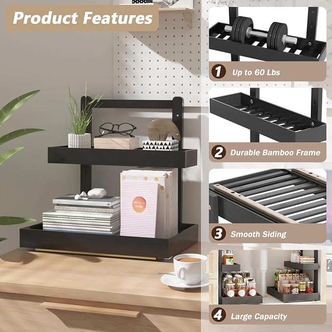 Bamboo Under Sink Organizer and Storage, 2 Tier Pull Out Cabinet Organizer - Image 3