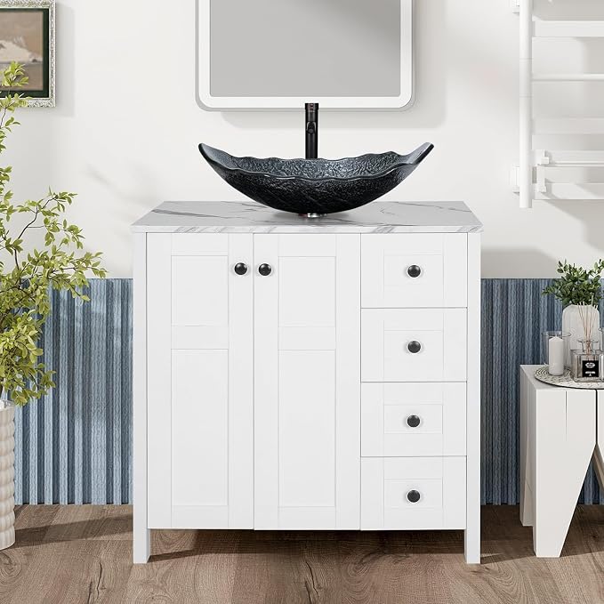 32" White Bathroom Vanity with Marble Texture Top and 4 Drawers, Modern by Solidee