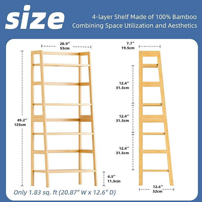 HITNET Ladder Shelf, 4-Tier Bookshelf, Bamboo Leaning Bookcase, Display Storage - Image 3