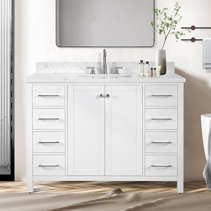 48’’White Bathroom Vanity with Sink, Solid Wood Bathroom Cabinet with Carrara by SSFEG