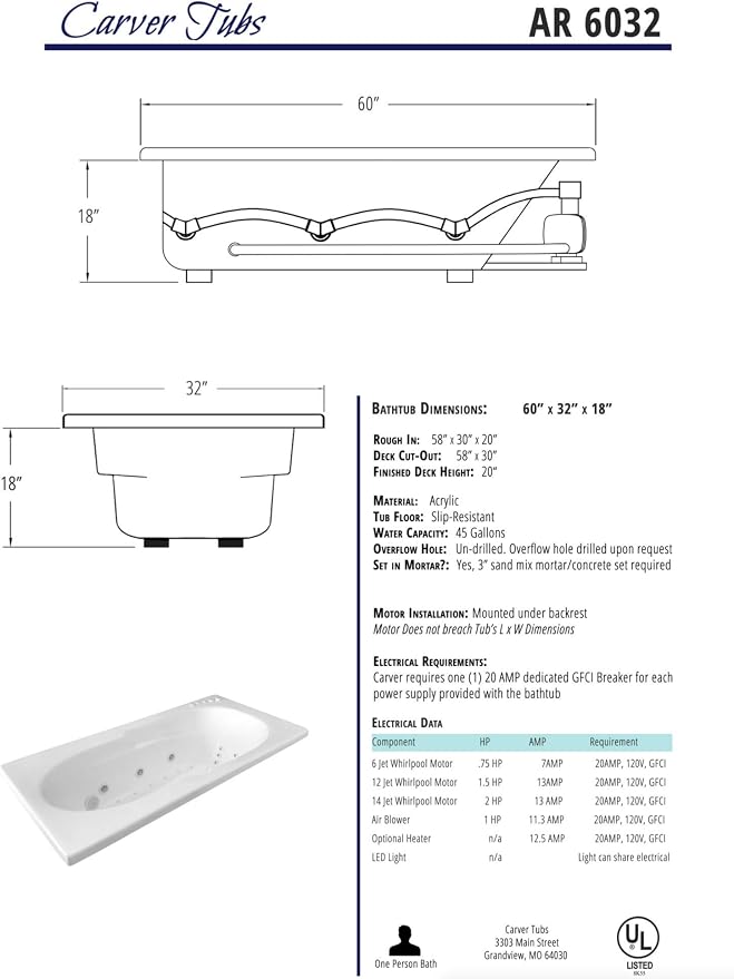 Carver Tubs - AR6032 - Modern Acrylic Fiberglass Whirlpool Tub Water Massage - Image 6