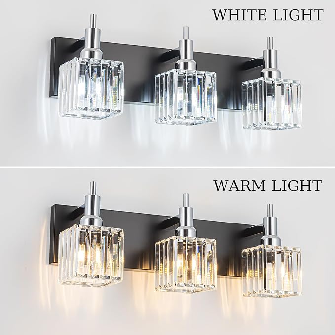 Black Chrome Bathroom Vanity Lights, Modern 3 Lights Crystal Bathroom Lighting - Image 6