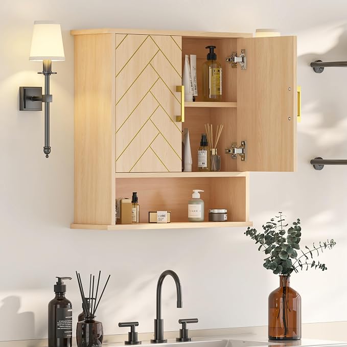 Natural Chevron Pattern Bathroom Wall Mount Cabinet, Over The Toilet Storage - Image 7