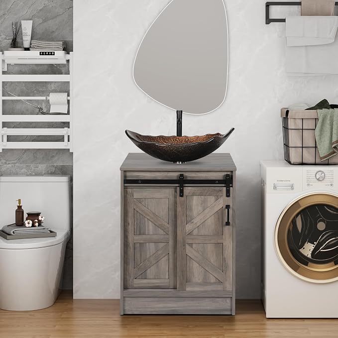 24 Inch Barn Door Bathroom Vanity, Farmhouse Style Standing Pedestal Cabinet by Solidee