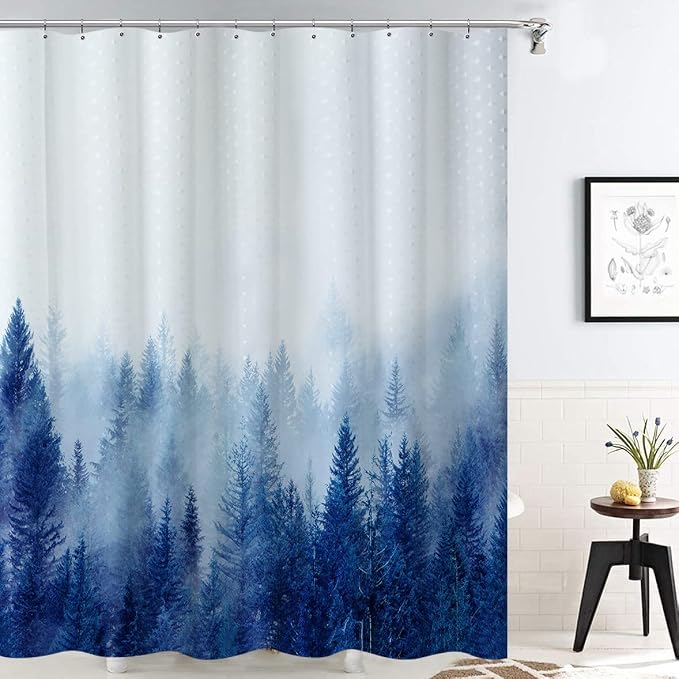 ORTIGIA Blue Misty Forest Shower Curtain Set, Nature Mountain Shower Curtain - Image 5