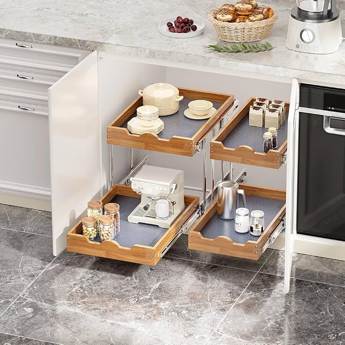 OCG 2 Tier Pull Out Drawers For Cabinets, Double Tier Slide out Wood Cabinet - Image 6