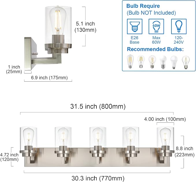 MELUCEE 5-Light Bathroom Vanity Light Brushed Nickel Finish - Image 6