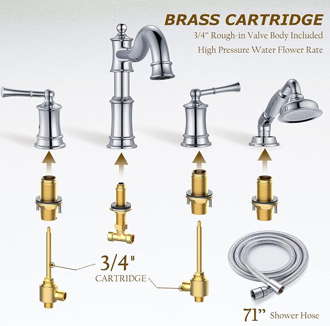 Roman Bathtub Faucet Set With Hand Shower 4 Hole Deck Mount Tub Filler With - Image 4
