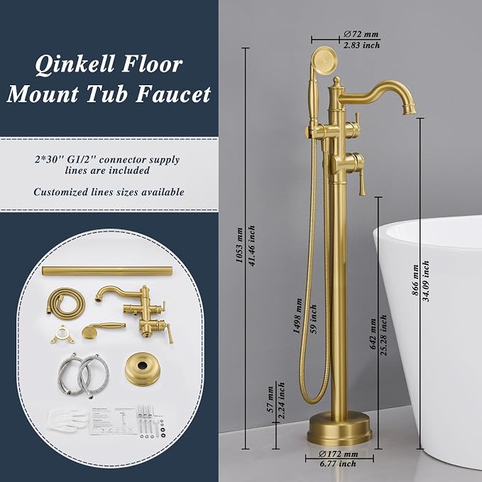 Free Standing Tub Faucet, Qinkell Classic Elegant Gooseneck Freestanding - Image 6