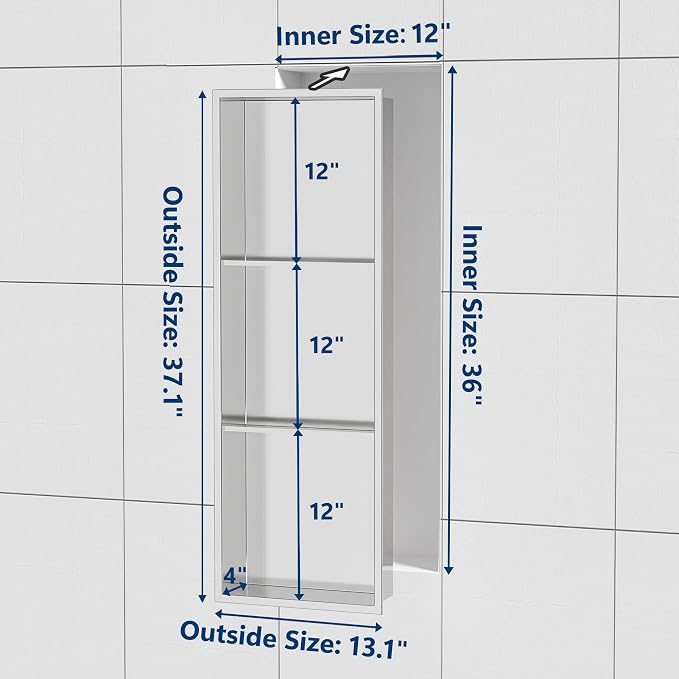 Neodrain12X36 Inch Shower Niche, Brushed 3-Tier Stainless Niches No Tile Needed - Image 2
