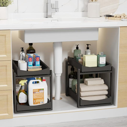 Bamboo Under Sink Organizer Adjustable Height 2 Tier Bathroom Organizer Pull by Unknown