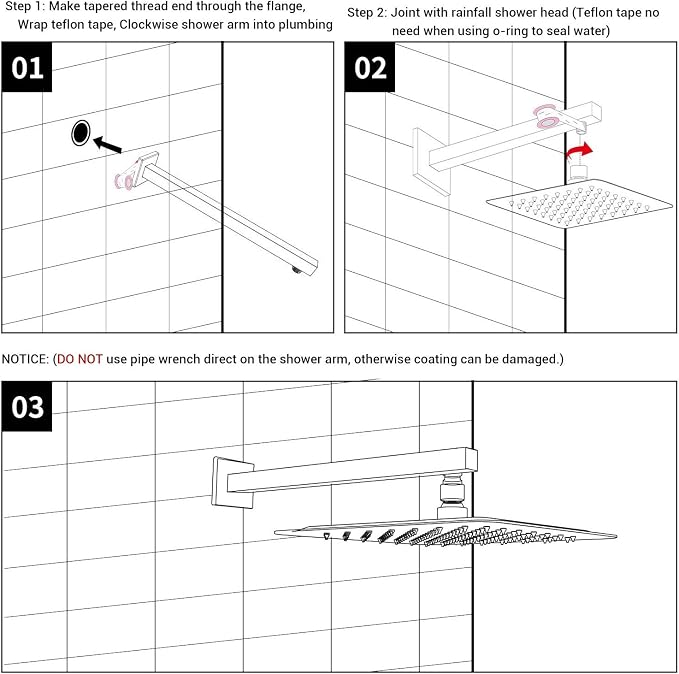 Square Shower Arm with Flange Heavy Duty Stainless Steel Rainfall Shower Head - Image 7