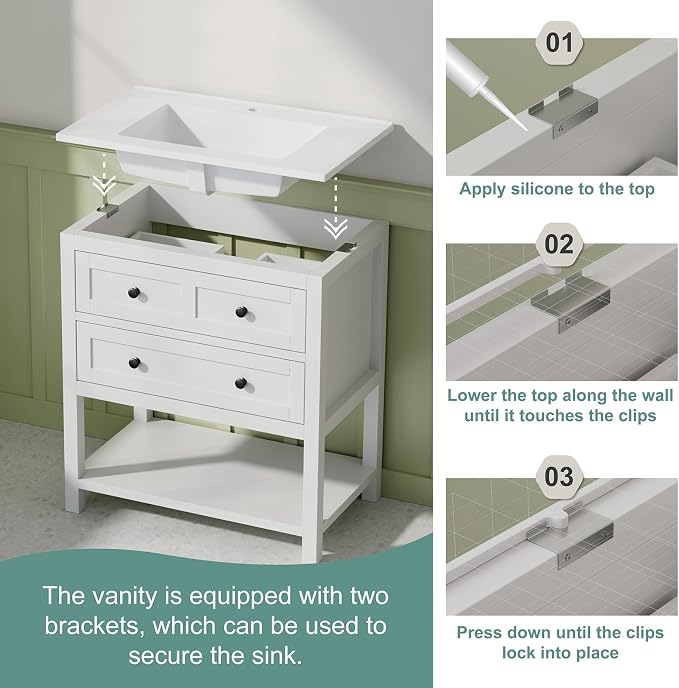 30 Inch Bathroom Vanity with Sink, Farmhouse Storage Cabinet with Drawers & - Image 8