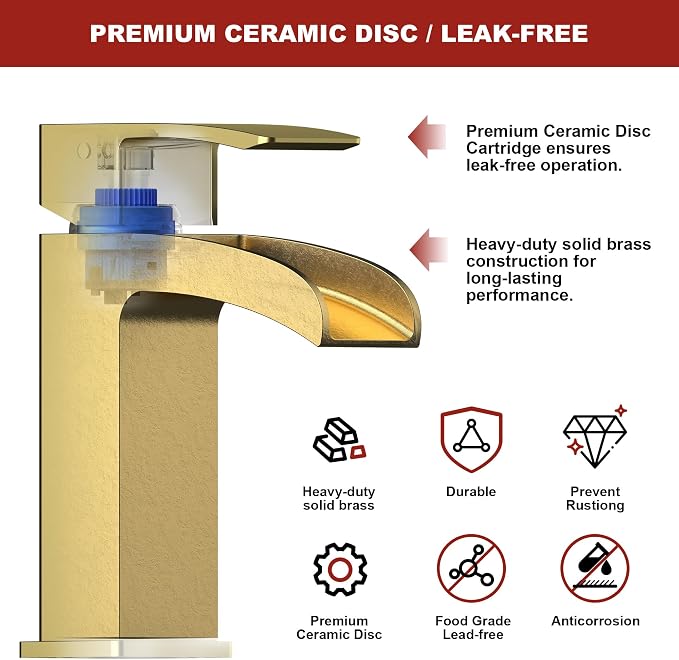 Brushed Gold Bathroom Faucet Waterfall Vanity Faucet - Image 5