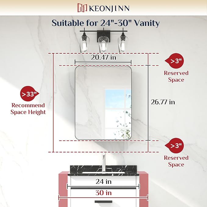 Keonjinn 20 x 26 Inch Brushed Nickel Recessed Medicine Cabinets, Bathroom - Image 3