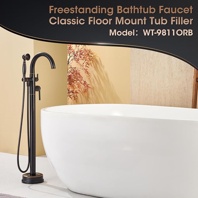 Freestanding Tub Faucets Bathroom Floor Mounted Waterfall Tub Filler Brass High - Image 2