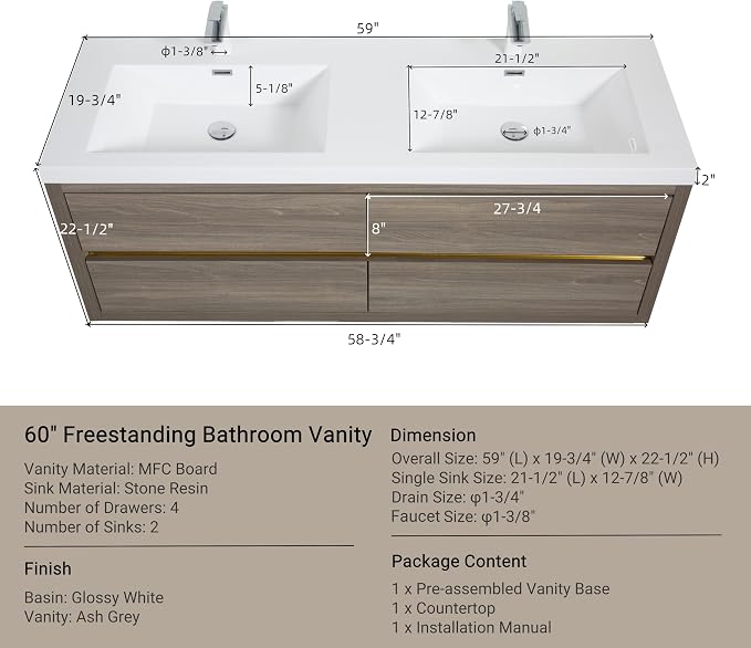 60" Wall-Mounted Bathroom Vanity, Double Sink Floating Cabinet - Image 2