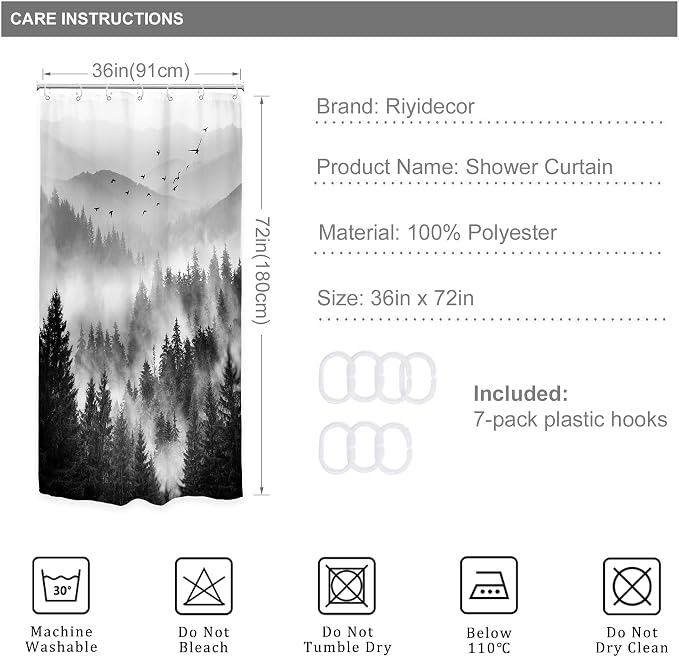 Riyidecor Black and White Shower Curtain 36Wx72H Inch Mountain Rustic Pine Tree - Image 4