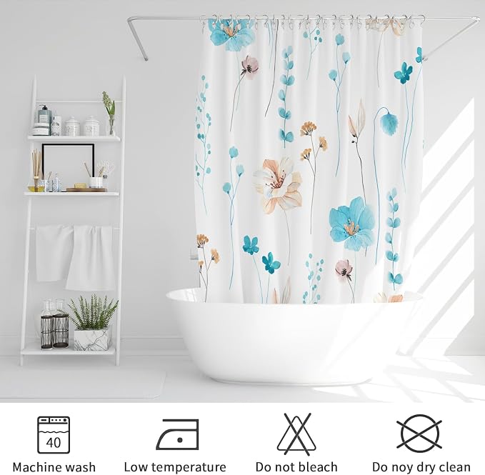 Gibelle Watercolor Floral Shower Curtain, Light Blue Beige Flower Shower Curtain - Image 6
