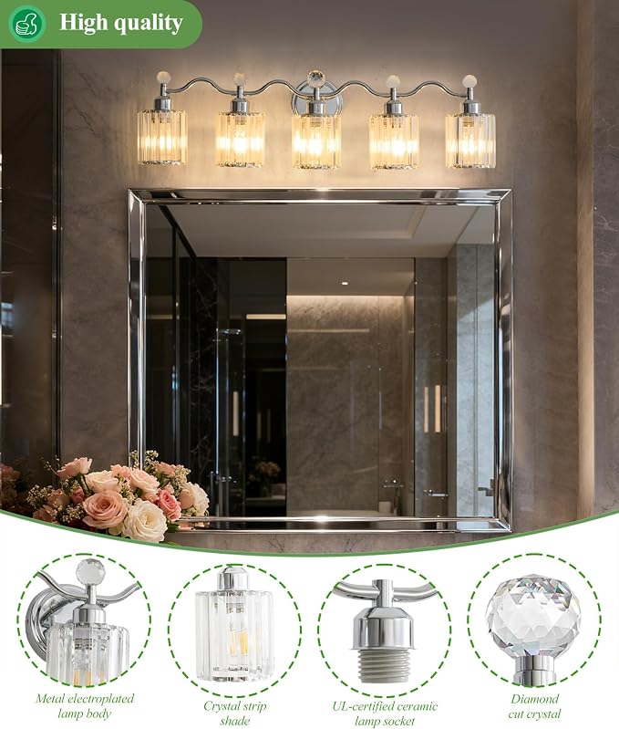 Bathroom Vanity Light, Modern Crystal Bathroom Ligth Fixture, Chrome 5 Light - Image 2