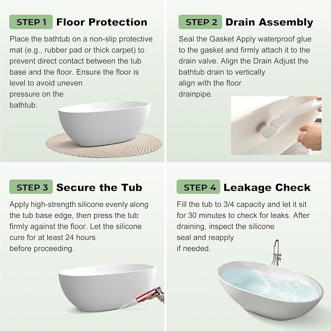65" Premium Solid Surface Freestanding Bathtub, Upgraded Inside White and - Image 7