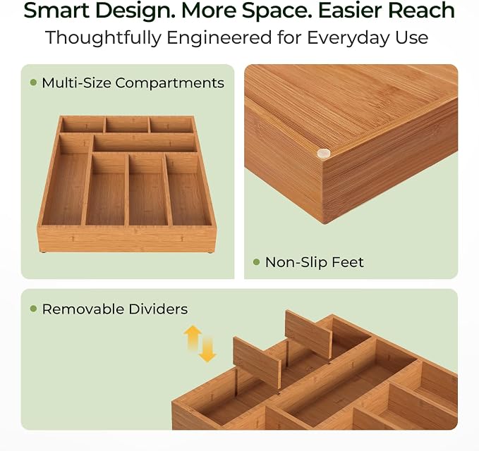 Carbonized Bamboo Kitchen Drawer Organizer, 8 Slots Silverware Organizer - Image 8