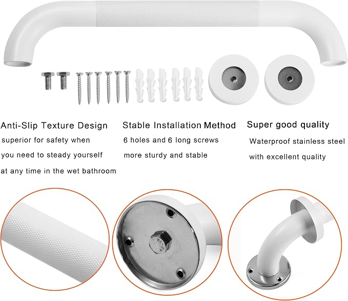 Shower Grab Bar, 2 Pack 12 Inch White Bathroom Grab Bar, 1.25" Diameter 304 - Image 3
