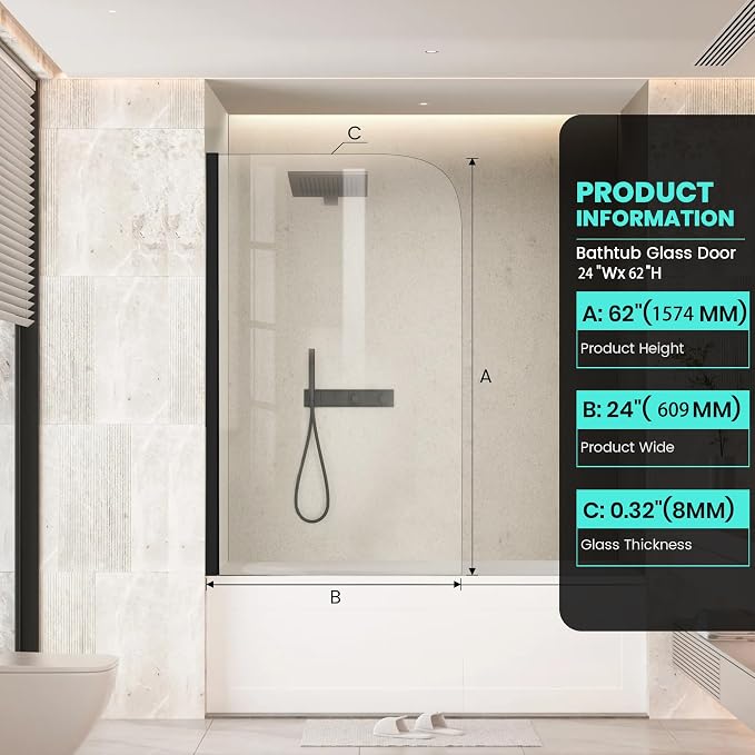 24" W x 62" H Frameless Bathtub Shower Door Bathtub Glass Panel Half Shower - Image 5