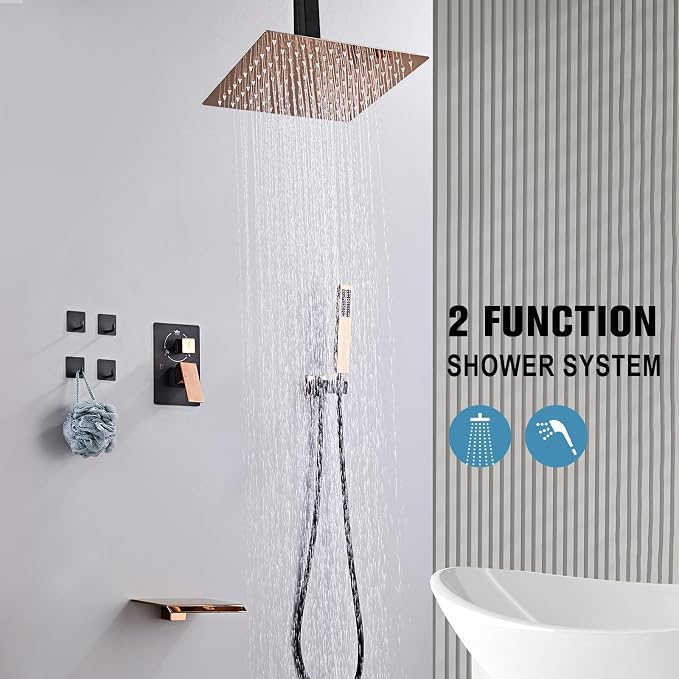 12 Inch Ceiling Mount Shower System Matte Black Gold Rain Mixer Shower Combo - Image 5