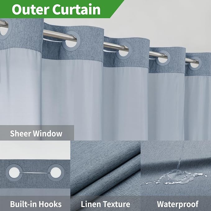 Extra Long No Hooks Needed Linen Textured Shower Curtain - Image 3