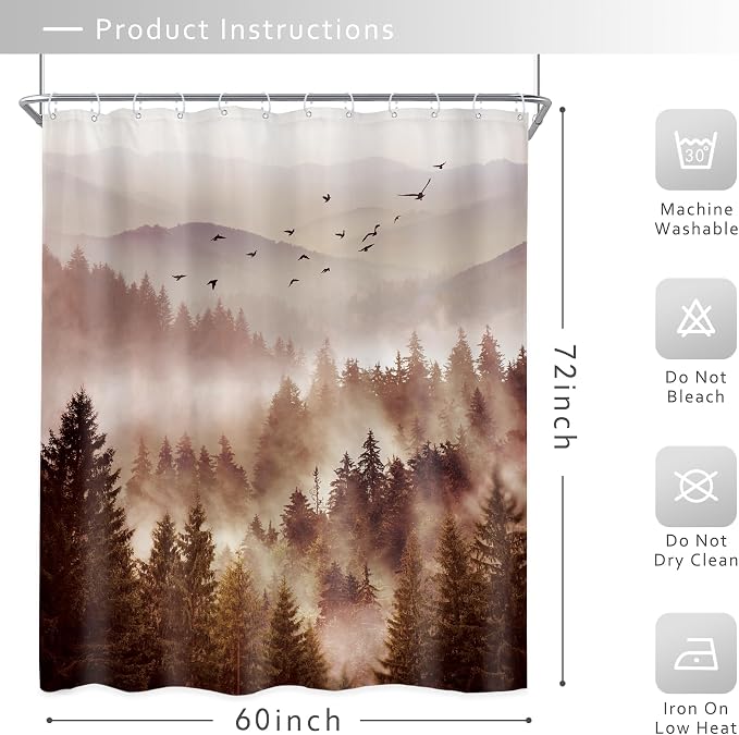 Riyidecor Foggy Mountain Shower Curtain 60Wx72H Inch Abstract Woodland Misty - Image 5