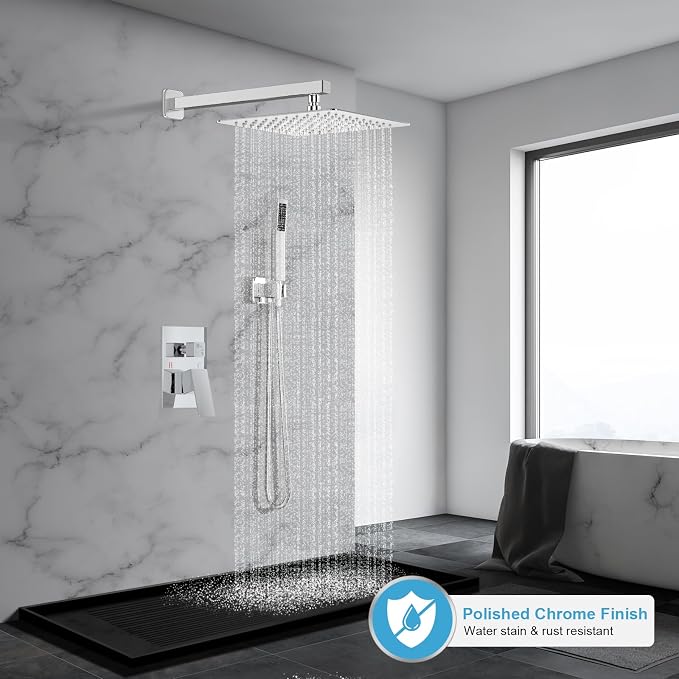 Shower Faucet Set Bathroom Square Rain Shower Head and Handle Set, Wall Mounted - Image 2