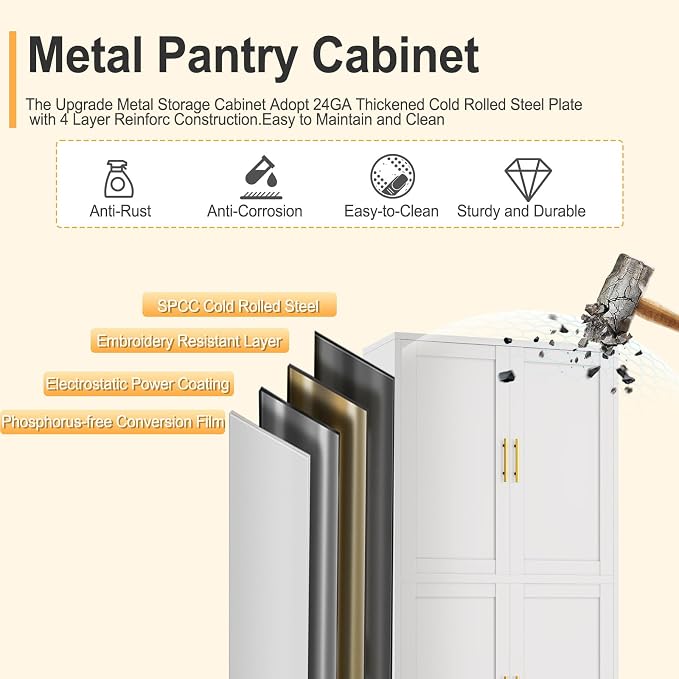 75" Tall Metal Kitchen Pantry Storage Cabinet, Freestanding Cupboard - Image 5
