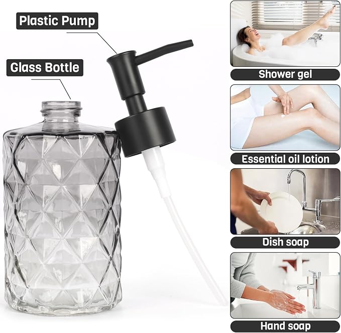 Glass Soap Dispenser with Plastic Pump, 2 Pack 12oz Gradient Diamond Design - Image 2
