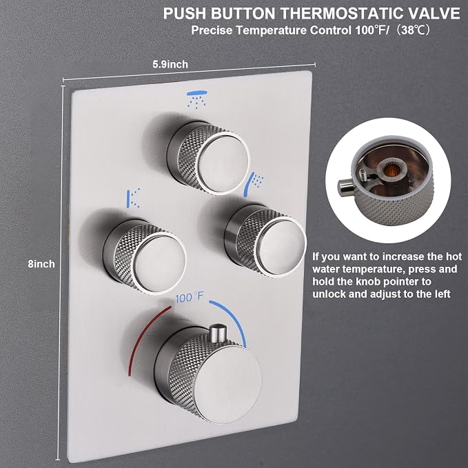 Modern Push Button 3 Way Thermostatic Shower Valve, Concealed 3 Outlet Multi - Image 5