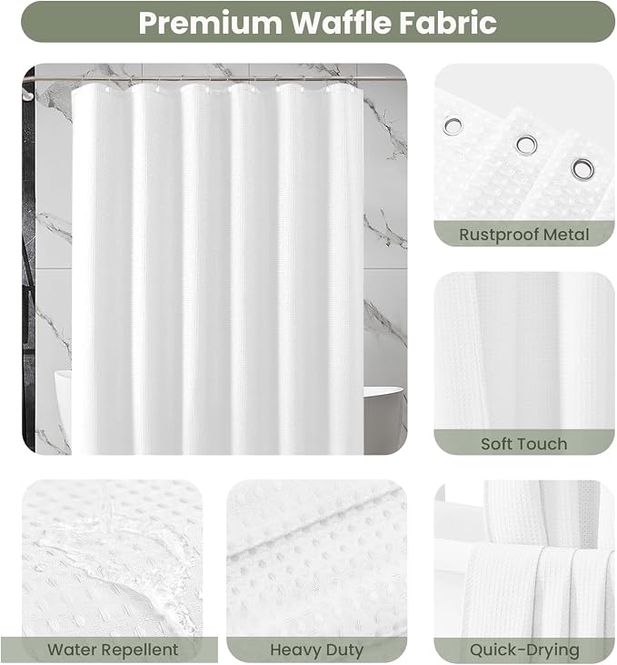 Inhousolu Fabric Shower Curtain Waffle Weave, 230 GSM Heavy Duty, Weighted Hem - Image 3