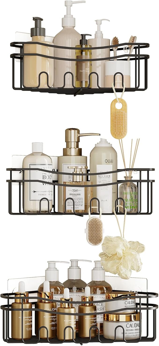 Black corner shower caddy with depth caddy and Built in 12 hooks rustproof wall - Image 7