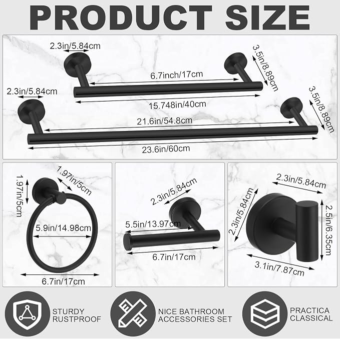 Gisafai 15 Piece Bathroom Hardware Set, 23.6 Inch Brushed Towel Bar Ring Toilet - Image 2