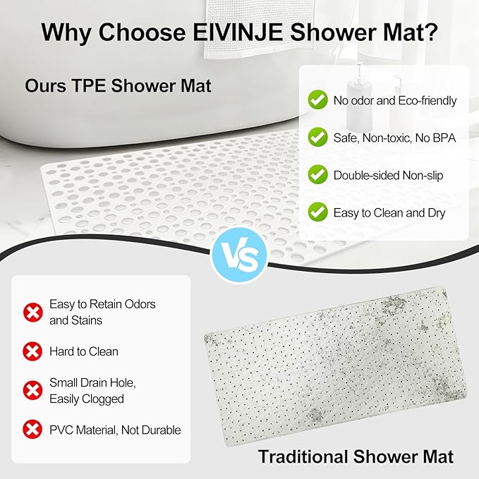 Non Slip Shower Mat with Suction Cups, 23.6x35.4 Inch Quick Drain TPE Anti Slip - Image 6