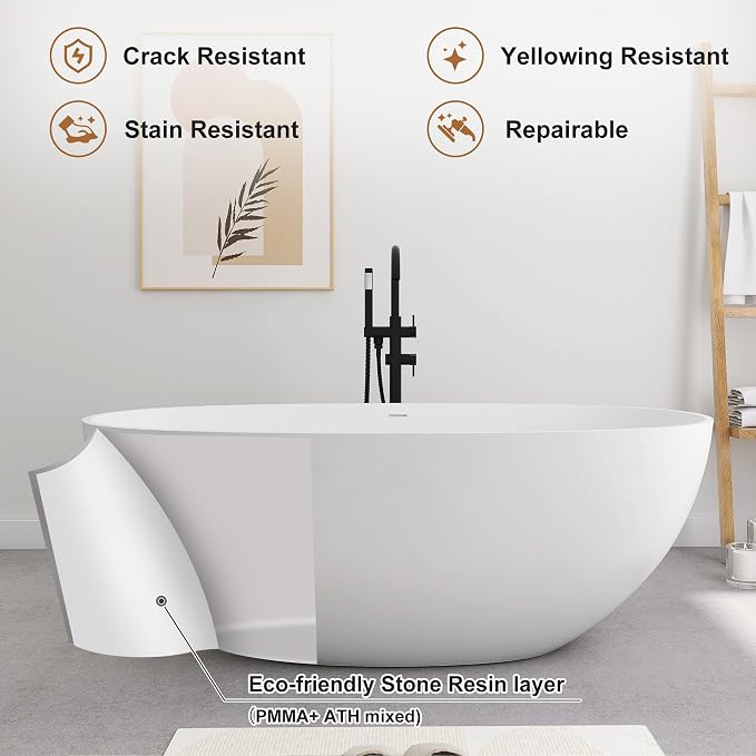 SJ STAR&JANE 61" Solid Surface Freestanding Bathtub, Oval Soaking Tub - Image 4